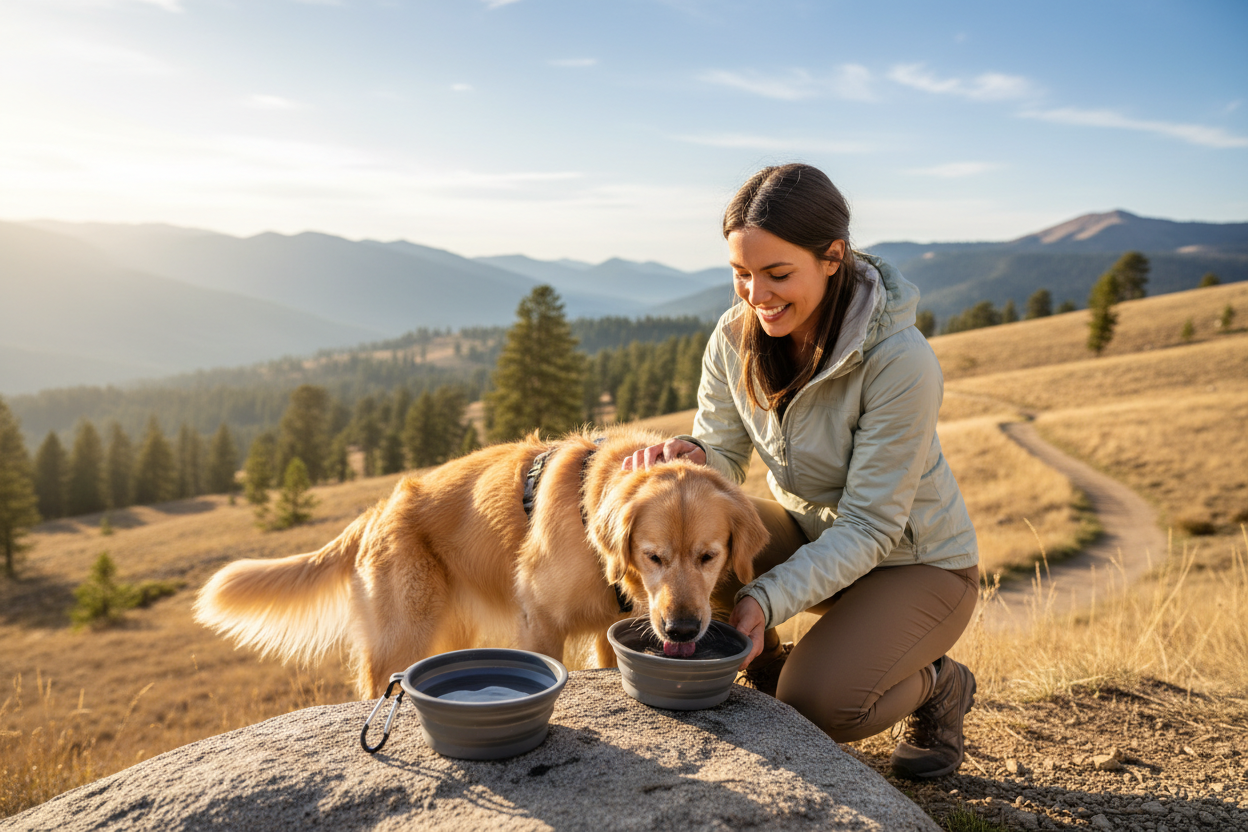 A modern lifestyle hero image of a collapsible dog bowl for travel, 
dog and owner outdoors on an adventure, 
emotion of care, bonding and freedom, 
premium pet brand style, 
soft sunlight, cinematic look, 
clean composition, no text, no watermark, 
e-commerce product hero image, 
Shopify landing page aesthetic
