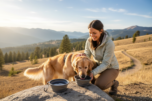 A modern lifestyle hero image of a collapsible dog bowl for travel, 
dog and owner outdoors on an adventure, 
emotion of care, bonding and freedom, 
premium pet brand style, 
soft sunlight, cinematic look, 
clean composition, no text, no watermark, 
e-commerce product hero image, 
Shopify landing page aesthetic
